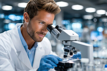 Scientist conducts research using a microscope in a modern laboratory setting