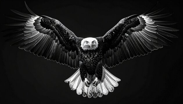 Bald Eagle in Mid-Flight with Wings Extended Against Dark Background