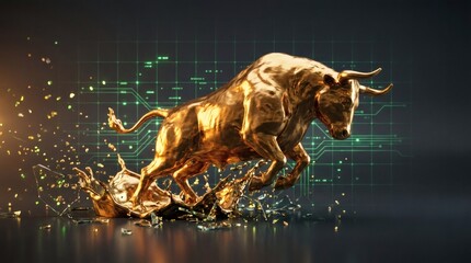 Golden bull charging forward, representing financial growth and market momentum with abstract digital elements