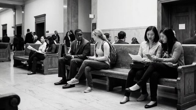 Interracial people waiting in courthouse lobby, legal process and justice concept
