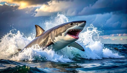 Naklejka premium Great White Shark Breaching Ocean Surface with Mouth Open and Water Splash