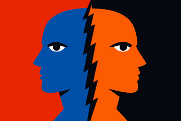 Abstract duality: colorful split personality concept in bold graphic art
