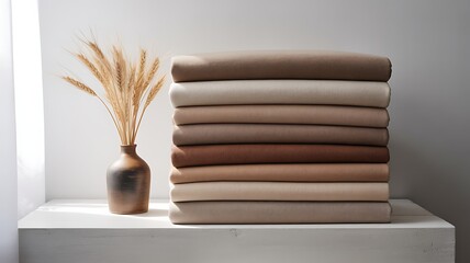 A minimalist composition showcasing a stack of folded textiles in various neutral earth tone colors alongside a decorative vase filled with wheatgrass.