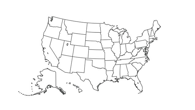 A simple black and white outline map of the United States displays all the states with their borders clearly delineated, providing a clear geographical representation of the country.