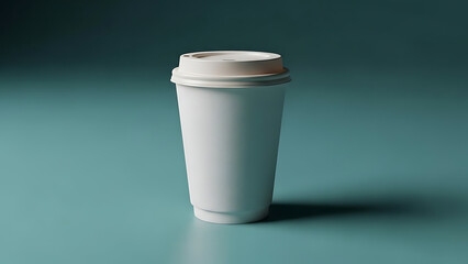 White plastic disposable cup with lid on blue background