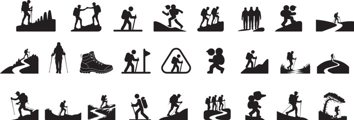 Obraz premium Hiker mountain climber with various activities black silhouette, Adventure hiking icon set collections 
