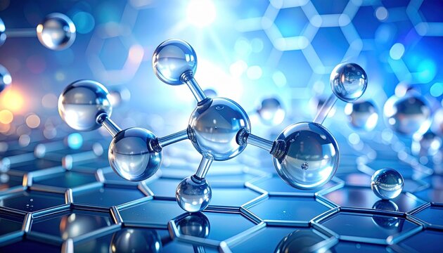 Stylized Molecular Structure with Hexagonal Grid and Blue-Orange Gradient Background