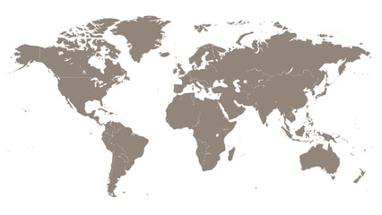 Obraz premium A simple, desaturated map of the world, showing continents and country borders against a white background.