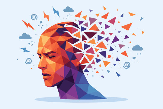 Abstract geometric portrait with fragmented triangle elements exploding from head