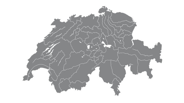 A gray political map of Switzerland, displaying its cantons and geographical divisions, isolated on a white background.