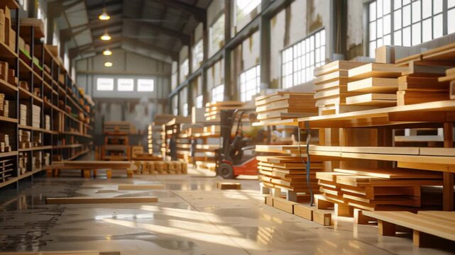 Sunlit warehouse interior with organized wooden planks and shelving