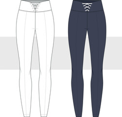 Women's long leggings with waist tie detail. Fashion technical drawing, illustration. Stylish leggings vector. CAD, Mockup.