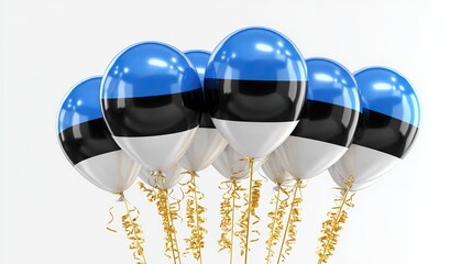Sparkling helium balloons, in the same colors as the Estonian flag and tied with gold ribbons, float on a white background, symbolizing the national pride of Estonia's Independence Day.
