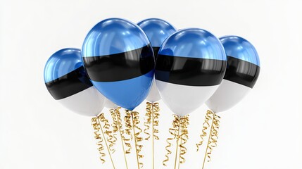 Sparkling helium balloons, in the same colors as the Estonian flag and tied with gold ribbons, float on a white background, symbolizing the national pride of Estonia's Independence Day.