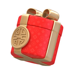 Elegant 3D Rendered Red Gift Box with Golden Chinese Symbol and Ribbon