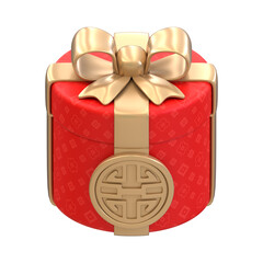 3D Rendered Red Gift Box with Golden Ribbon and Chinese Pattern