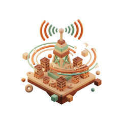 Isometric 3D Clay Model: 5G Network Tower and Smart City [Transparent PNG]