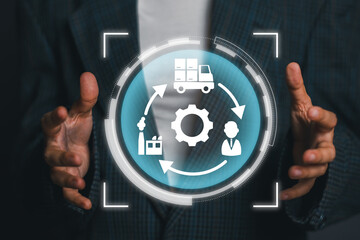 Digital representation of a modern supply chain with logistics and industry icons, highlighting efficiency and innovation.