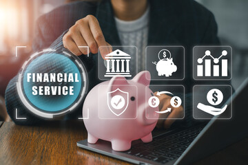 A digital interface showcasing financial services with icons and a piggy bank, symbolizing modern banking and investment solutions.