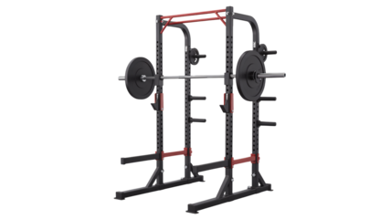 A squat rack with a barbell and weights for strength training and weightlifting exercises in a gym setting with red and black metal frame