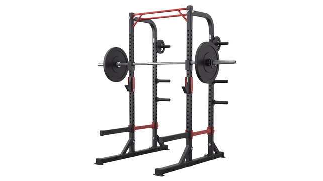 A squat rack with a barbell and weights for strength training and weightlifting exercises in a gym setting with red and black metal frame