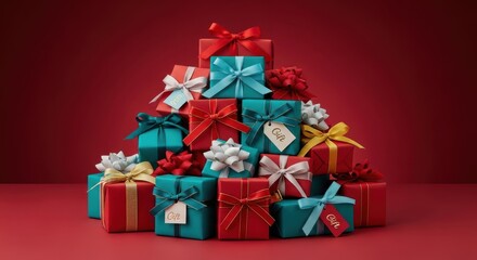 Obraz premium Stack of vibrantly colored presents tied with decorative bows forms a festive pyramid shape