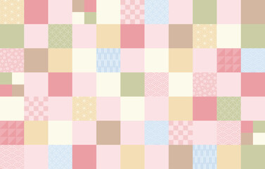 ピンクを基調色とした淡い色彩で構成された日本の伝統的な柄を集めた市松模様の背景背景素材のベクターデータ