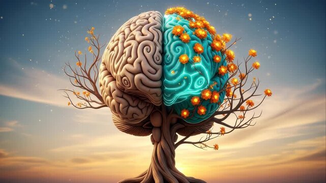 Conceptual image of a brain tree symbolizing creative growth and balance