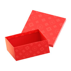 Isometric Red Gift Box with Pattern, Open Box and Lid Separated, Gift