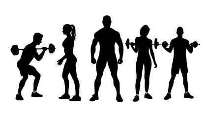Detailed vector illustration silhouettes strong rolling people set girl and man sport fitness gym body-building workout powerlifting health training dumbbells barbell. Healthy lifestyle .vector icon