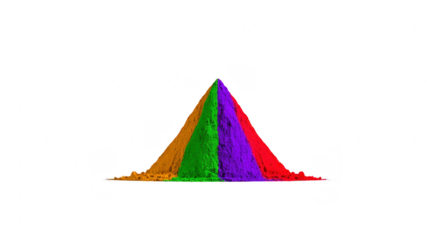 Colorful powder pyramid with orange, green, purple, and red sections isolated on transparency background, symbolizing celebration, festivity, and creativity in vibrant and joyful mood