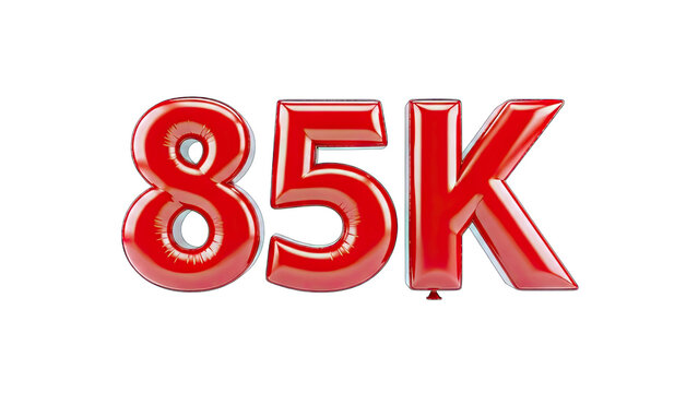 Red 85K Balloon Text on White Background