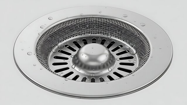 Close-up of a shiny stainless steel kitchen sink drain with a perforated strainer basket and water droplets visible on its surface.
