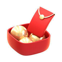 3D Rendered Shiny Gold Balls and Red Envelope in Red Box Illustration
