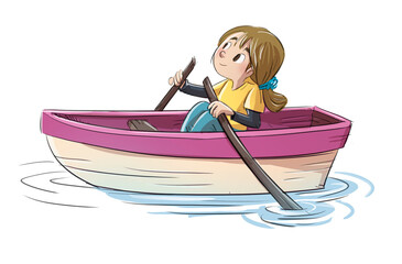 Little girl rowing a boat, isolated drawing