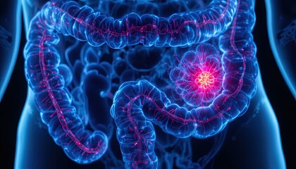 Glowing blue human large intestine with inflamed section highlighted in pink