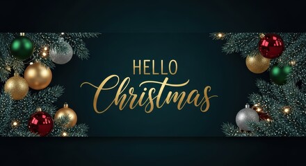 Festive banner features greeting text surrounded by evergreen branches and holiday ornaments