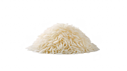 Pile of uncooked white rice grain isolated on transparency background, showing texture and detail, perfect for food, ingredient, or kitchen concept, evoking simplicity and freshness