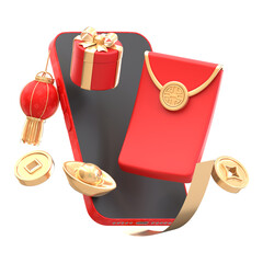 Artistic 3D Rendered Chinese New Year Decoration Elements with Mobile Phone