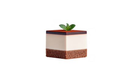 Chocolate mousse cake with creamy vanilla layer, cocoa sponge base, glossy chocolate glaze, and fresh mint garnish, isolated on transparency background, elegant dessert presentation