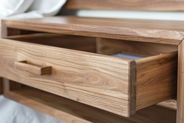 Open empty drawer revealing the interior of a wooden nightstand, perfect for storing bedroom essentials