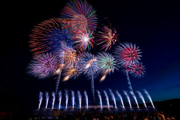 Enjoy and happyLocal people and tourist watching firework display set in Summer Japan Firework festival -celebration happy new year and merry christmas and  firework concept