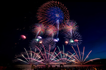 Enjoy and happyLocal people and tourist watching firework display set in Summer Japan Firework festival -celebration happy new year and merry christmas and  firework concept
