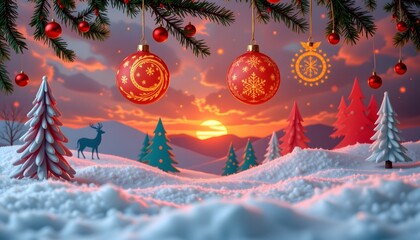 paper cut christmas ornaments in warm sunset inspired tones, minimal festive design