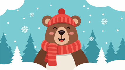 Cheerful bear in a winter landscape with a red and white striped beanie and scarf