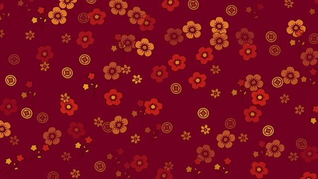 Seamless looping pattern animation featuring plum blossoms and Chinese coins. Elegant floral Lunar New Year background for festive motion graphic projects.