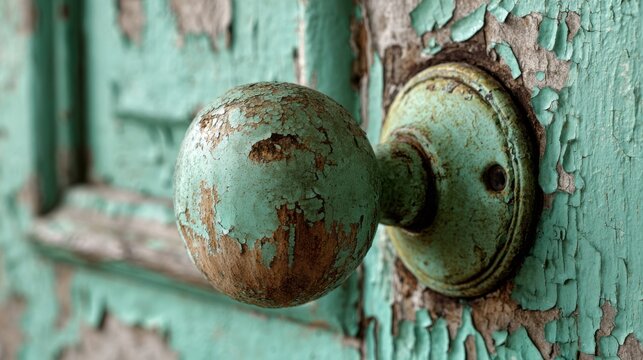 Aged turquoise peeling paint on doorknob
