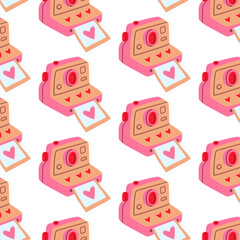 Seamless Valentine pattern with pink instant cameras printing heart photos on a white background, perfect for romantic wrapping paper, scrapbook paper, fabric, and love story stationery.