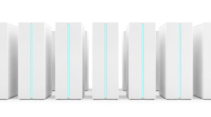 3D Render of Minimalist White AI Data Server Towers with Cyan Lights for Cloud Computing Concept
