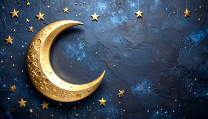 金色の月と星が輝く藍色の背景幻想夜空素材1